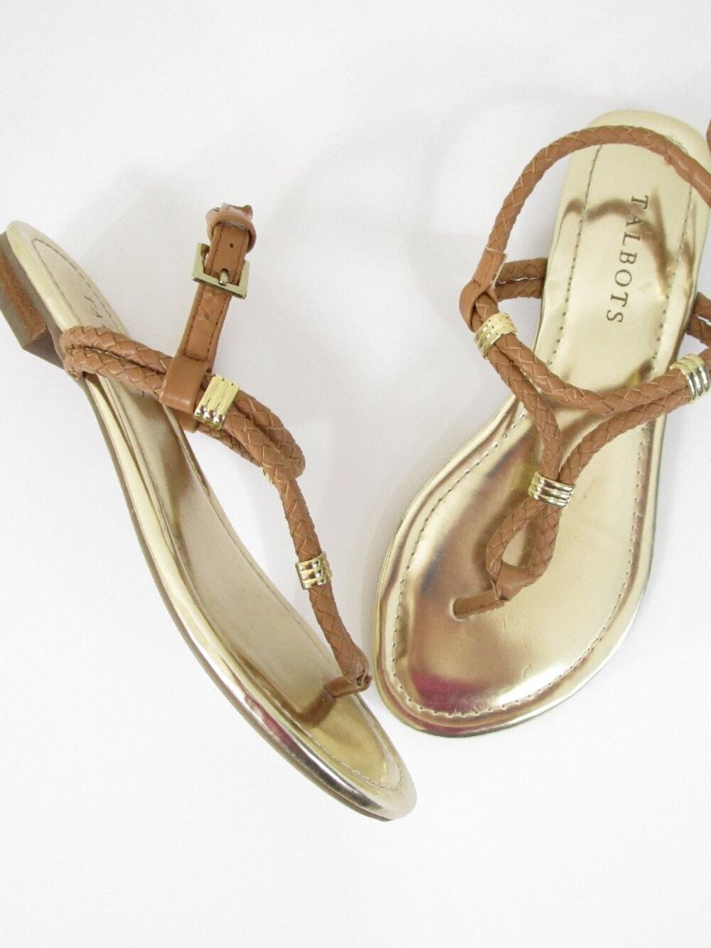 Talbots Womens Gold Brown Leather Ankle Strap Thong Sandals Size 6.5
